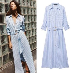 NEW ZARA LINEN BLEND MIDI SHIRTDRESS XS